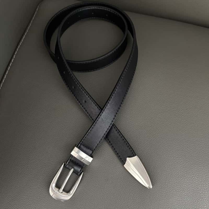 Cracked Texture Black Leather Belt Vintage Metal Buckle Jeans Belt