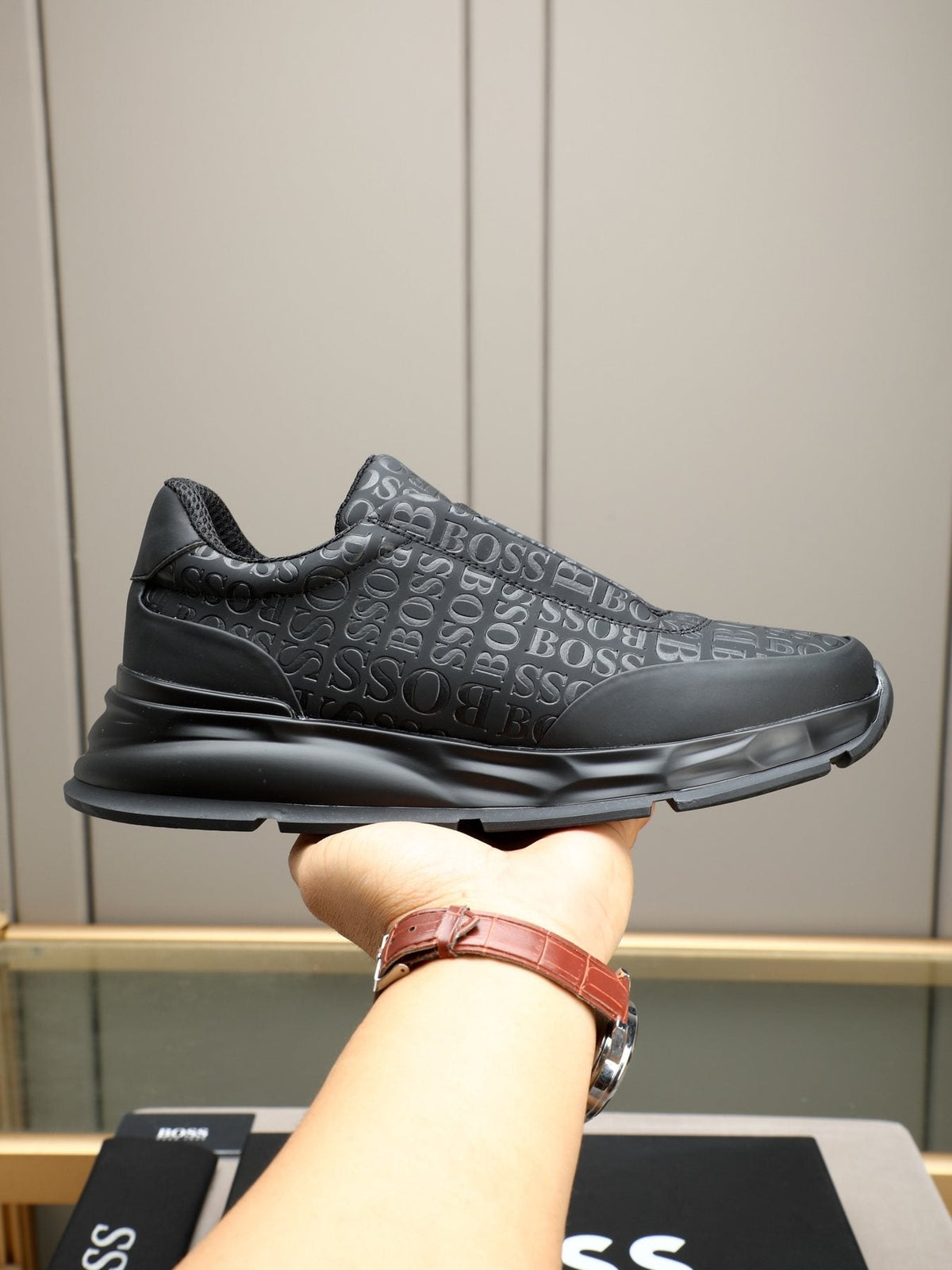 BOSS Men's Black Logo Slip-On Sneakers