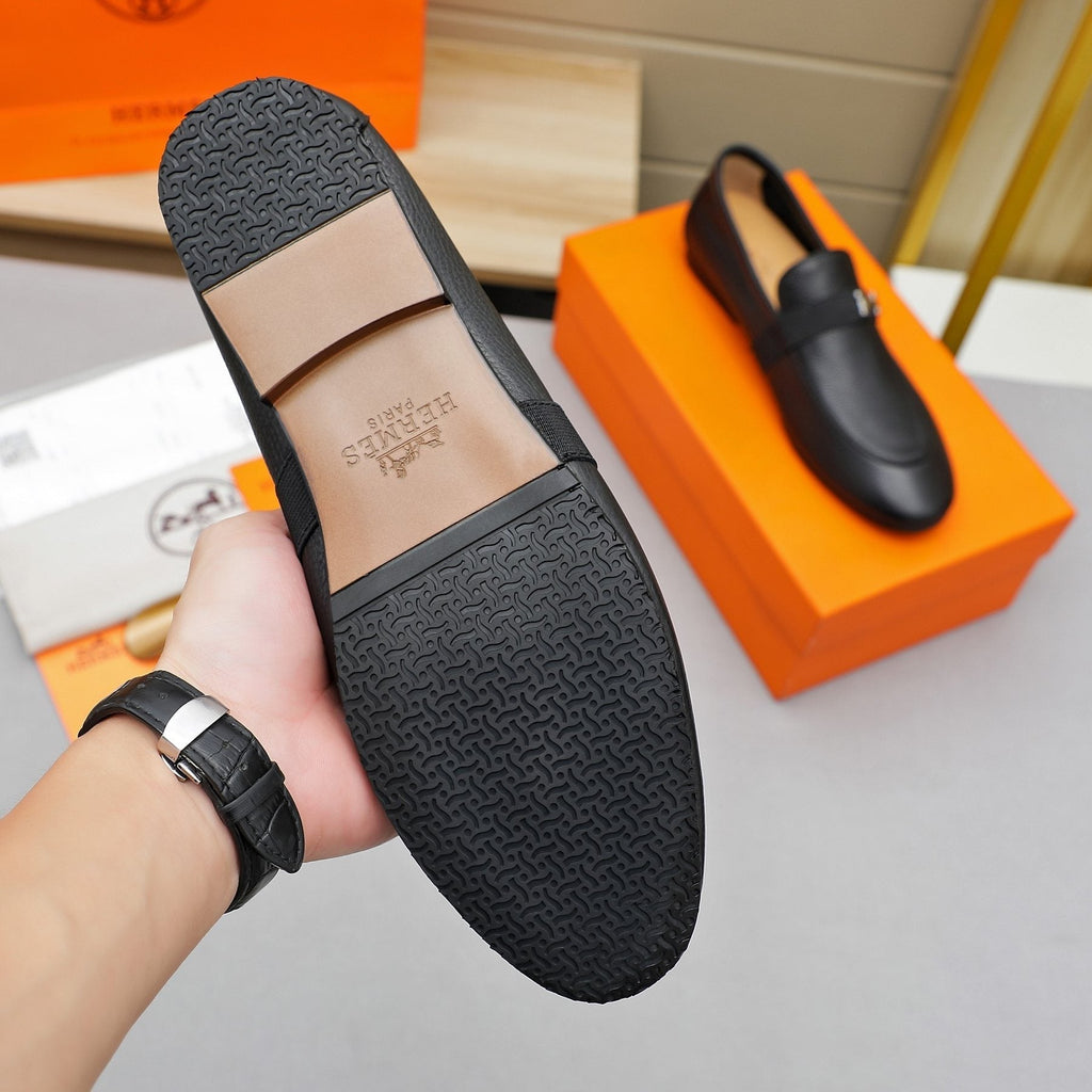 Hermès Black Pebbled Leather H-Hardware Loafers